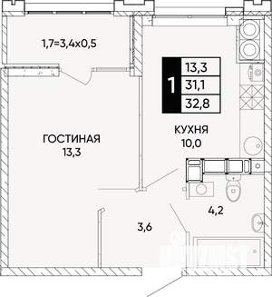 1-к квартира, вторичка, 33м2, 18/24 этаж