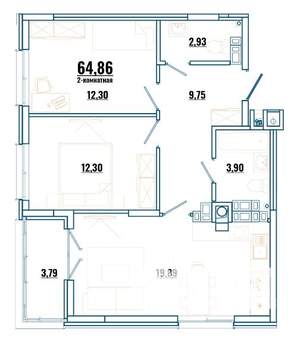 2-к квартира, строящийся дом, 65м2, 4/4 этаж