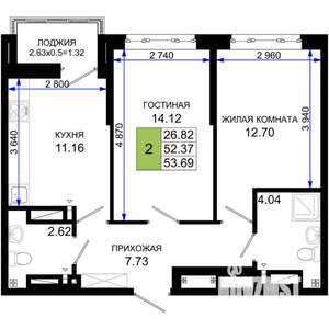 2-к квартира, вторичка, 54м2, 7/25 этаж