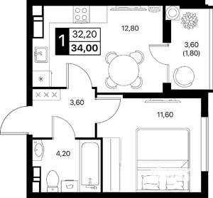 1-к квартира, вторичка, 34м2, 4/12 этаж