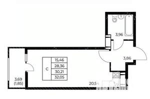 Студия квартира, вторичка, 32м2, 12/25 этаж