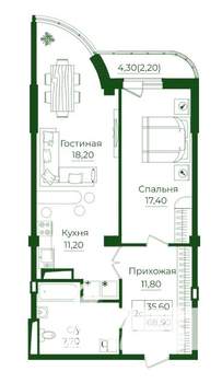 2-к квартира, строящийся дом, 69м2, 7/18 этаж