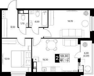 2-к квартира, строящийся дом, 62м2, 12/20 этаж