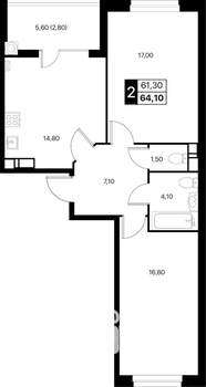 2-к квартира, вторичка, 64м2, 3/12 этаж