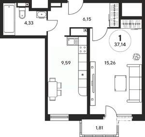 1-к квартира, вторичка, 37м2, 21/25 этаж