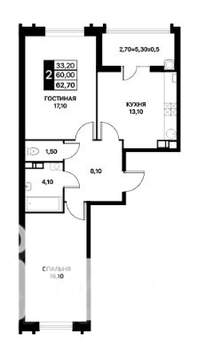 2-к квартира, вторичка, 63м2, 7/13 этаж