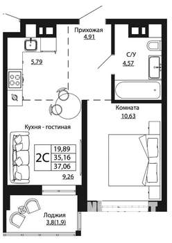 1-к квартира, строящийся дом, 37м2, 23/24 этаж