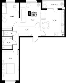 3-к квартира, вторичка, 83м2, 2/20 этаж