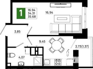 1-к квартира, вторичка, 36м2, 7/21 этаж