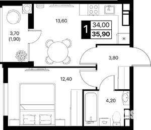 1-к квартира, вторичка, 36м2, 5/12 этаж
