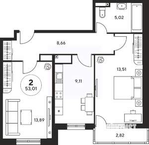 2-к квартира, вторичка, 53м2, 19/25 этаж