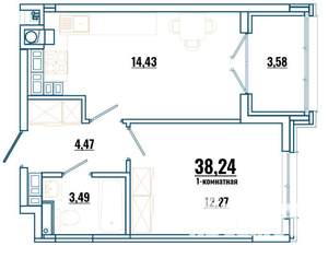 1-к квартира, строящийся дом, 38м2, 2/4 этаж