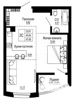 1-к квартира, вторичка, 48м2, 19/24 этаж