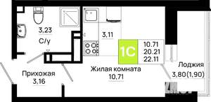 Студия квартира, вторичка, 22м2, 21/25 этаж