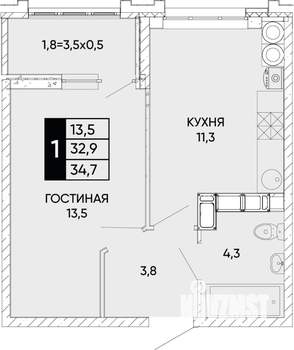 1-к квартира, вторичка, 35м2, 24/24 этаж