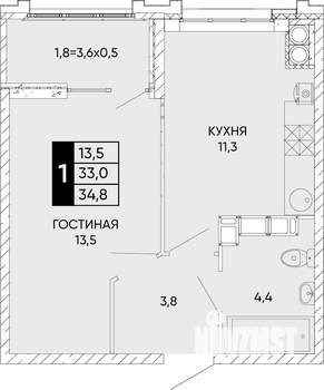 1-к квартира, вторичка, 35м2, 19/24 этаж