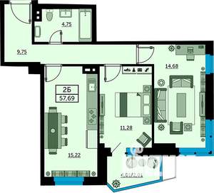 2-к квартира, строящийся дом, 58м2, 17/24 этаж