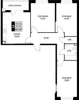 3-к квартира, строящийся дом, 83м2, 2/12 этаж