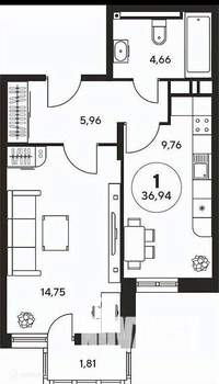 1-к квартира, вторичка, 35м2, 21/25 этаж