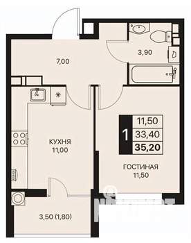 1-к квартира, строящийся дом, 36м2, 2/12 этаж