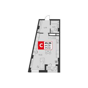 Студия квартира, строящийся дом, 45м2, 13/22 этаж