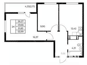 2-к квартира, вторичка, 54м2, 4/25 этаж