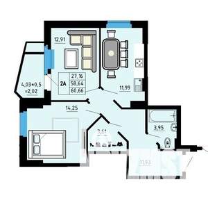 2-к квартира, строящийся дом, 61м2, 22/25 этаж