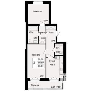 2-к квартира, вторичка, 64м2, 3/8 этаж