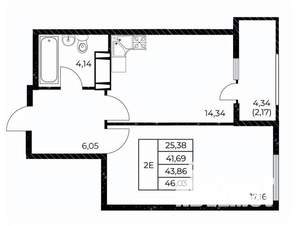 1-к квартира, вторичка, 46м2, 12/25 этаж
