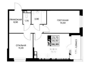 2-к квартира, вторичка, 58м2, 16/18 этаж