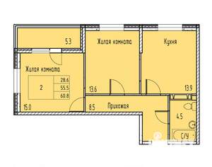 2-к квартира, строящийся дом, 58м2, 4/15 этаж
