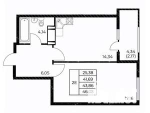 1-к квартира, вторичка, 46м2, 16/25 этаж