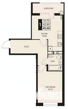 1-к квартира, строящийся дом, 45м2, 10/12 этаж