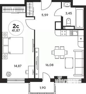2-к квартира, вторичка, 42м2, 13/25 этаж
