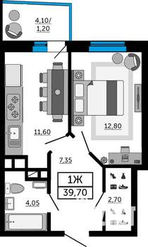 1-к квартира, строящийся дом, 40м2, 3/19 этаж