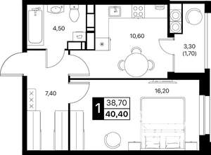 1-к квартира, строящийся дом, 40м2, 20/20 этаж