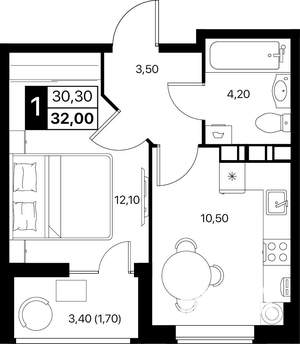 1-к квартира, вторичка, 32м2, 4/12 этаж
