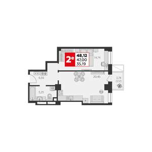 2-к квартира, строящийся дом, 48м2, 4/22 этаж