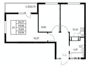 2-к квартира, вторичка, 54м2, 7/25 этаж