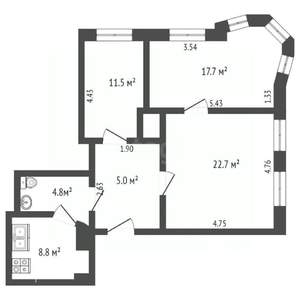 3-к квартира, вторичка, 74м2, 1/2 этаж