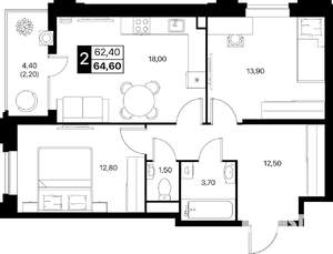 2-к квартира, строящийся дом, 65м2, 2/20 этаж