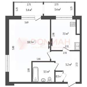 1-к квартира, вторичка, 38м2, 3/9 этаж
