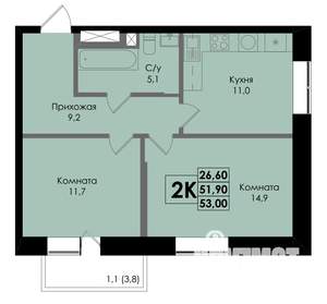 2-к квартира, вторичка, 53м2, 2/22 этаж