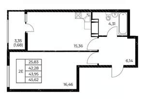 1-к квартира, строящийся дом, 46м2, 6/25 этаж