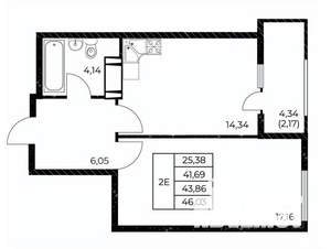1-к квартира, вторичка, 46м2, 16/25 этаж