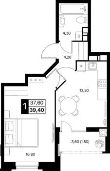 1-к квартира, строящийся дом, 39м2, 12/20 этаж