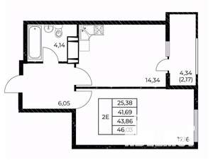 1-к квартира, вторичка, 46м2, 6/25 этаж