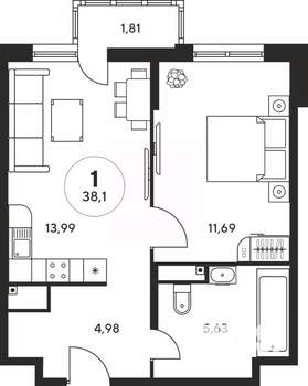 1-к квартира, вторичка, 38м2, 19/25 этаж