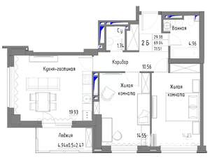 2-к квартира, строящийся дом, 75м2, 25/25 этаж