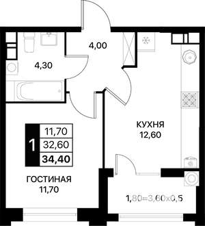 1-к квартира, вторичка, 34м2, 3/12 этаж